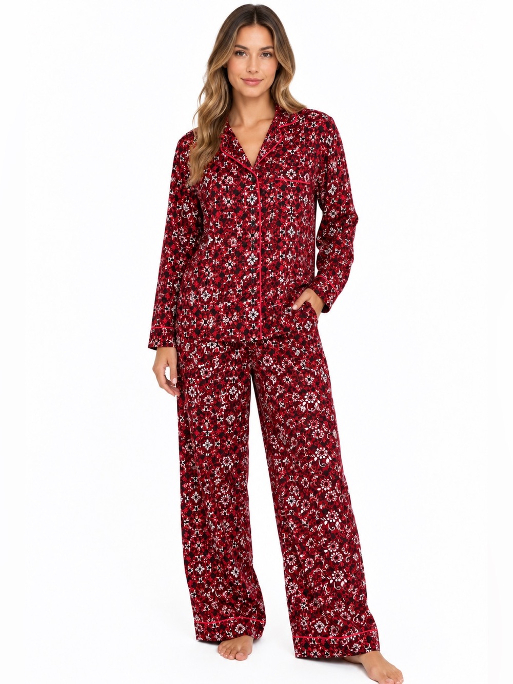 Cabernet Red Floral Long-Sleeve Button Pajama Set
